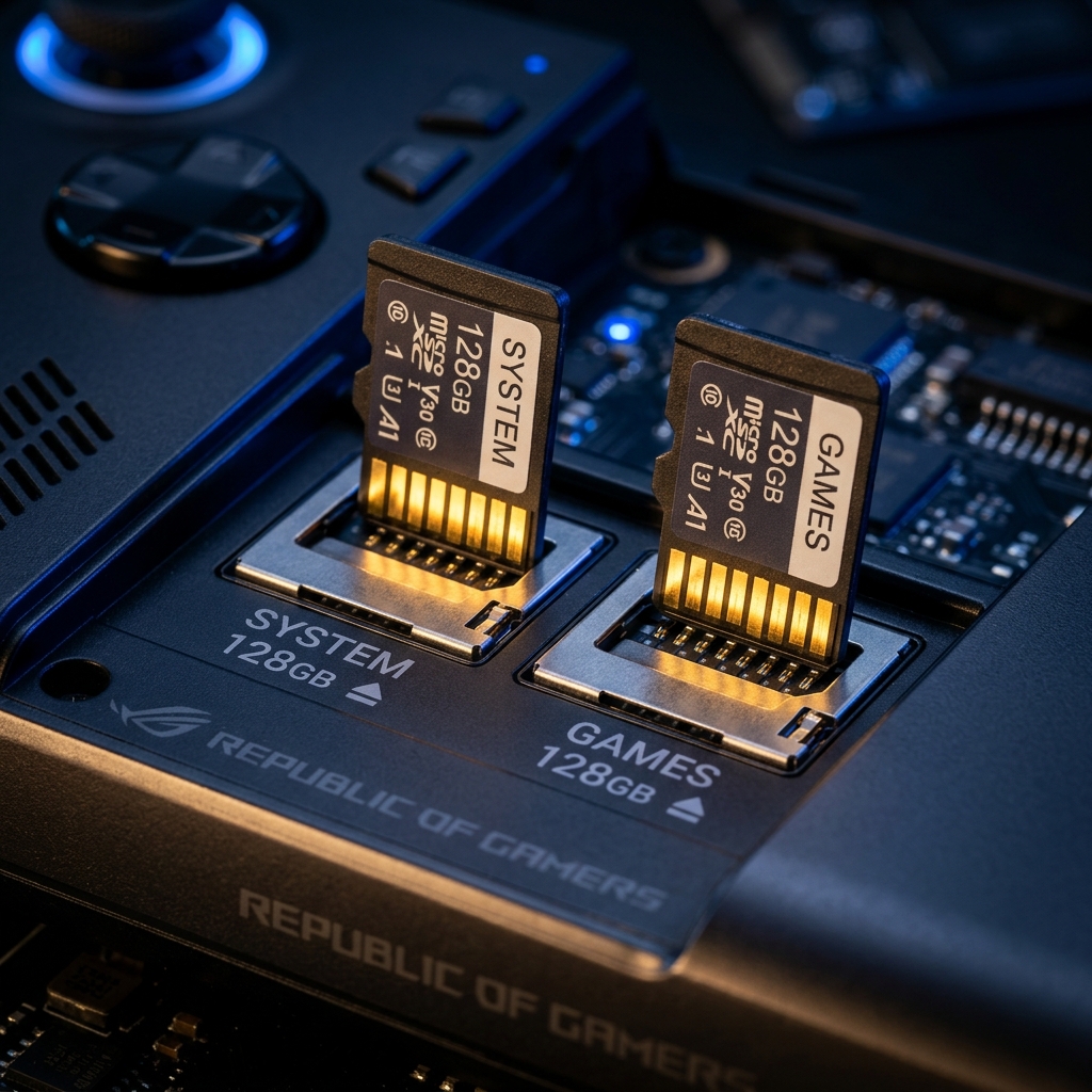 Dual microSD card slots on R36H showing system and games cards with gold contacts