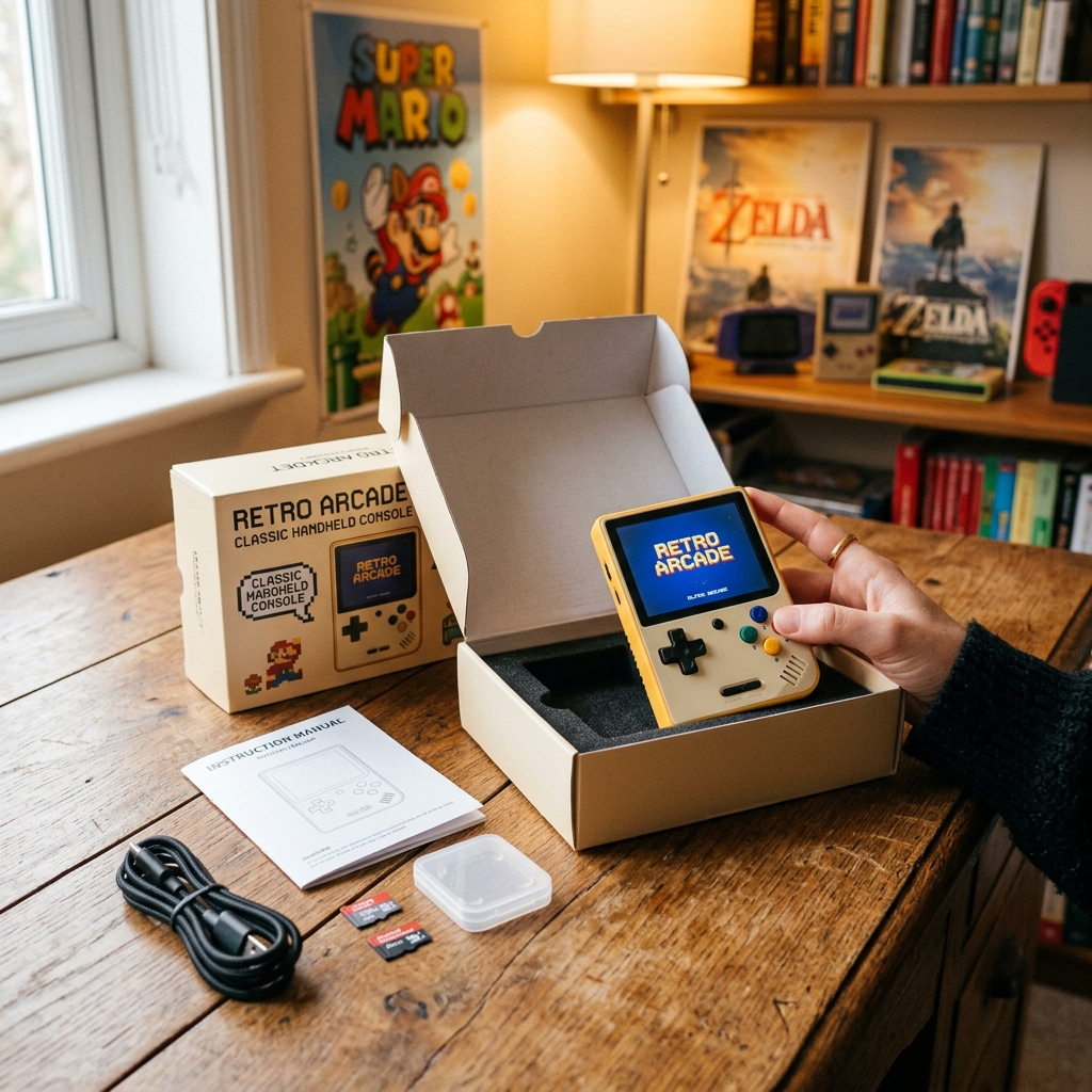 R36H unboxing scene with console, USB-C cable, and microSD card on desk